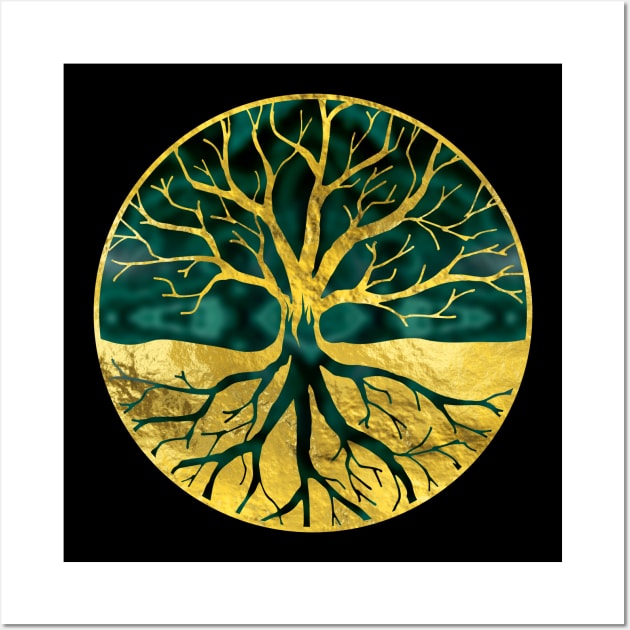 Golden Tree of Life Yggdrasil on Malachite Wall Art by Nartissima